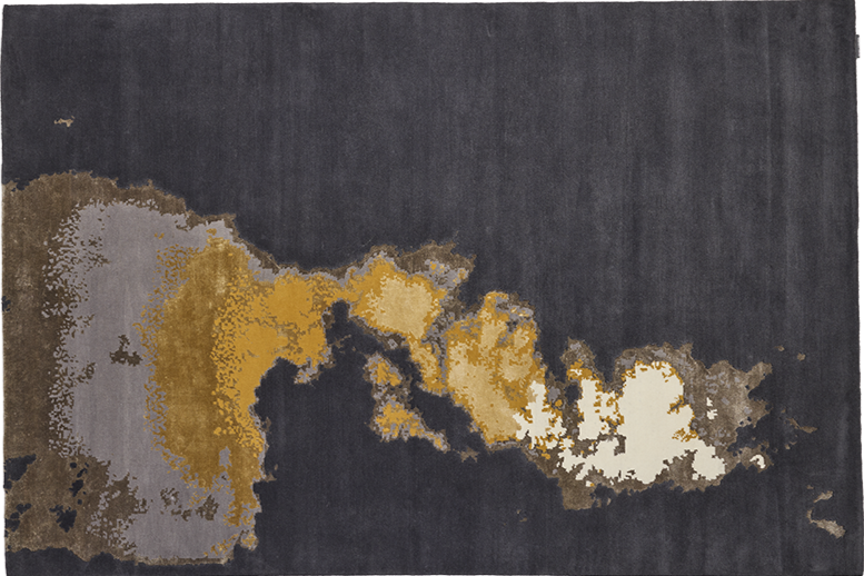Behind amber gold rug