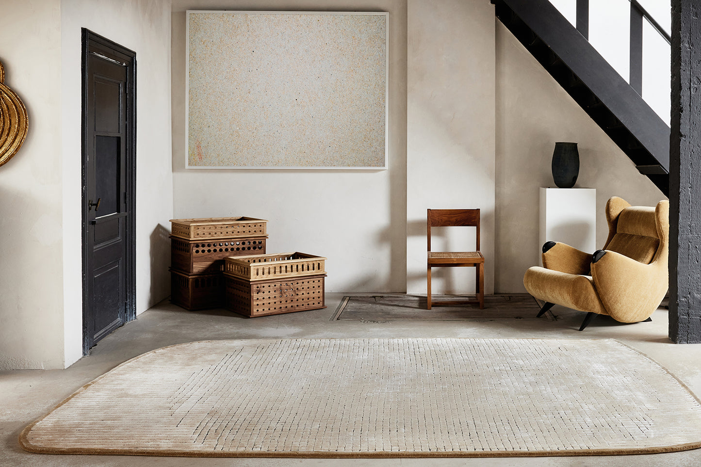 ambiance tapis tufté main beige écru noir