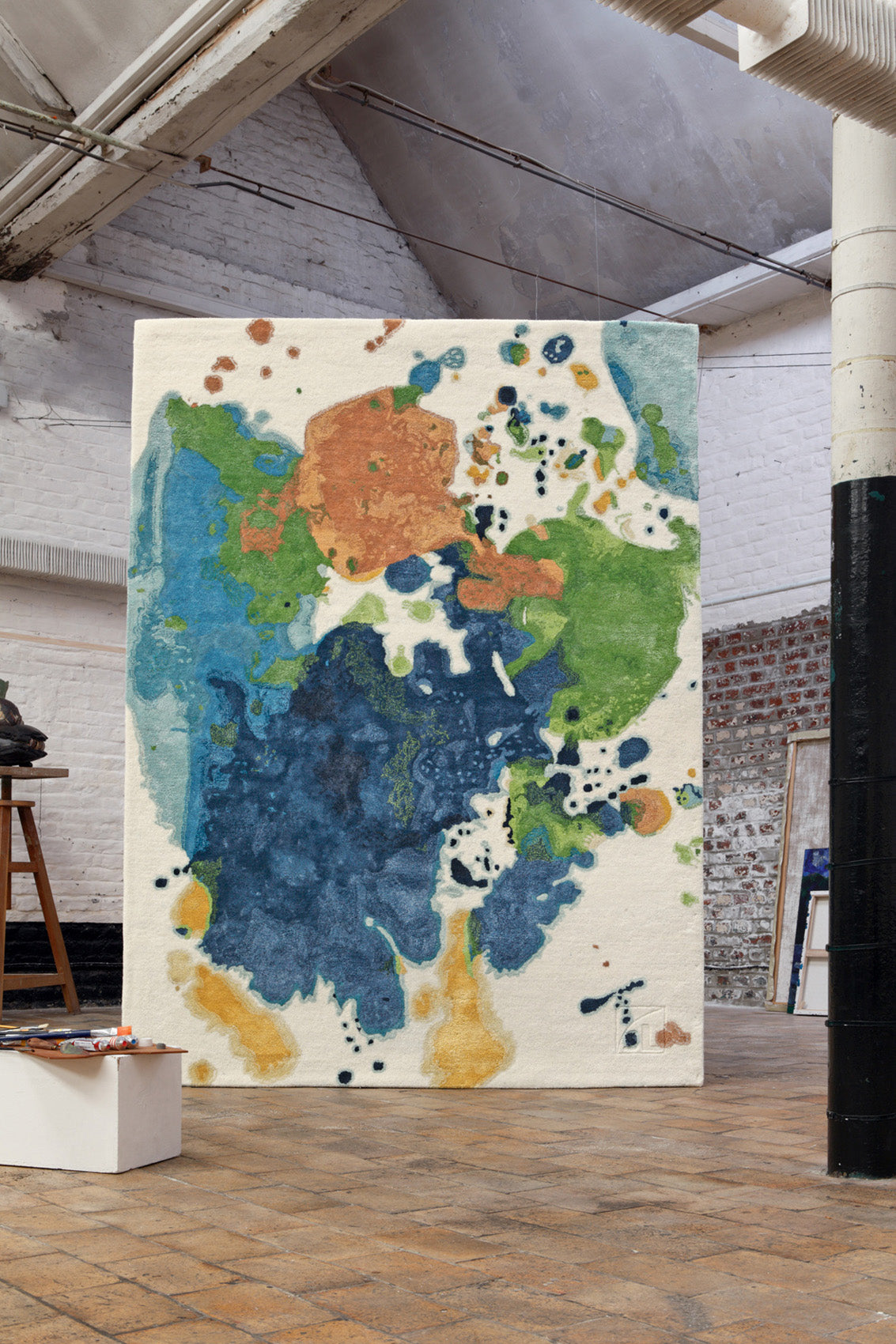 ambiance tapis tufté main bleu multicolore vert jaune