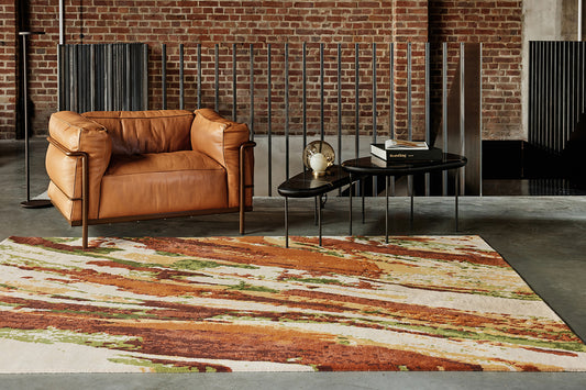 ambiance tapis noué main rouge marron vert blanc beige