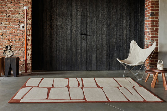 ambiance tapis tufté main rouge écru