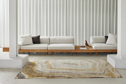 ambiance tapis noué main écru blanc marron jaune