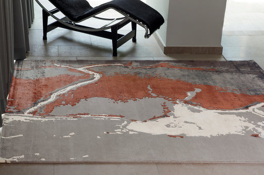 ambiance tapis noué main noir gris terracotta et blanc 