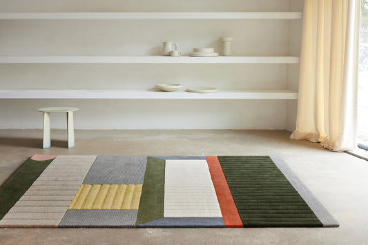 ambiance tapis tufté main beige gris vert multicolore