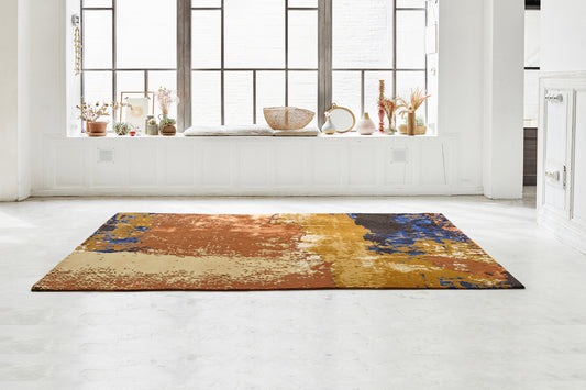 ambiance tapis noué main terracotta multicolore orange bleu