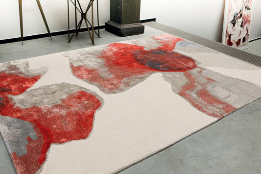 ambiance tapis tufté main rouge gris écru