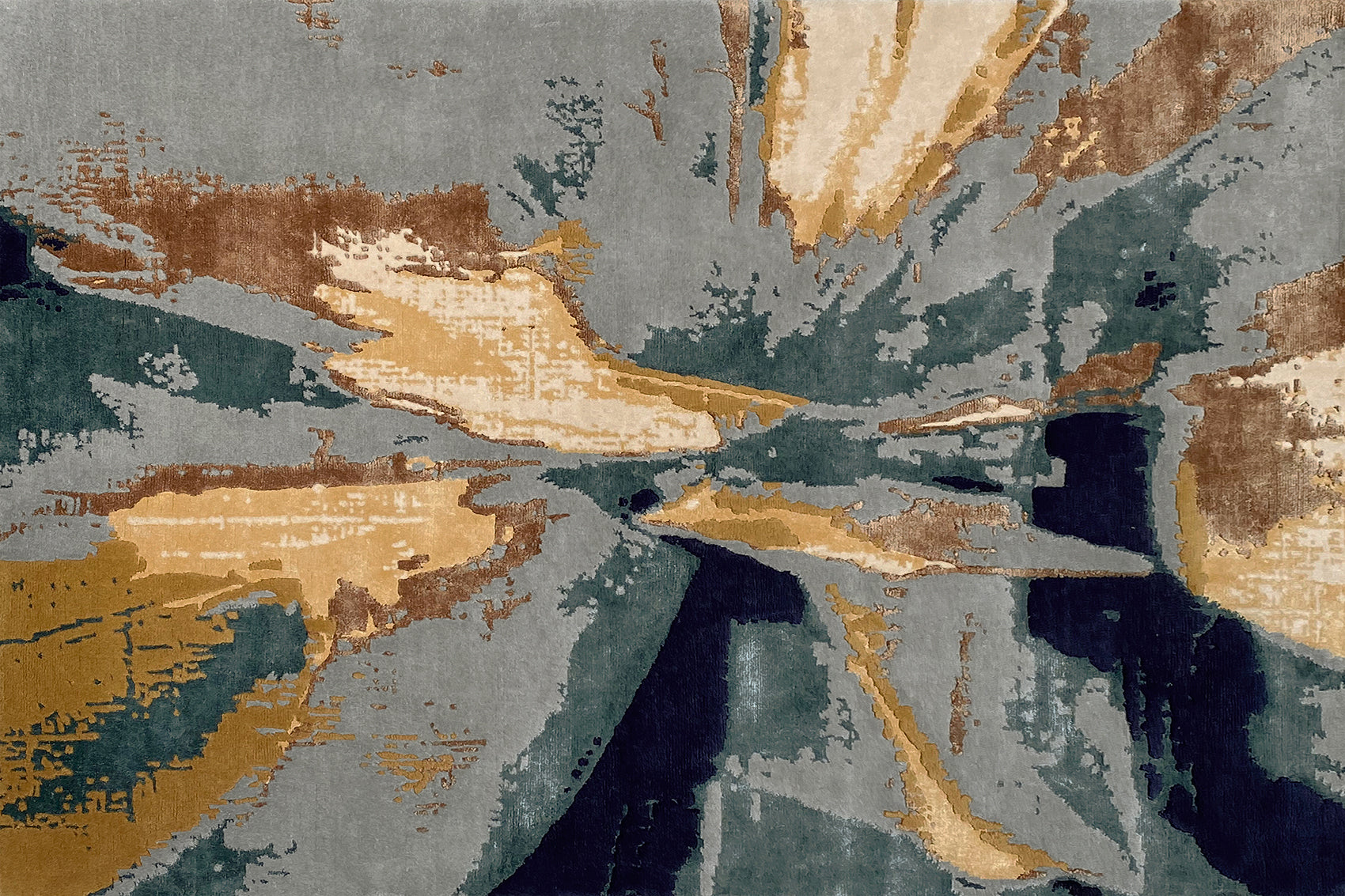 aplat tapis noué main gris multicolore jaune bleu