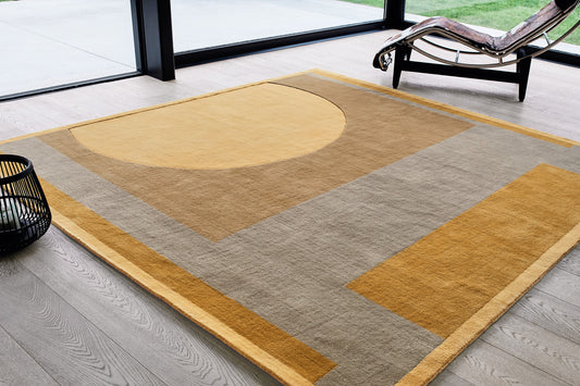 ambiance tapis noué main jaune beige gris