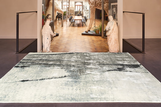 ambiance tapis tissé et imprimé main bleu gris écru