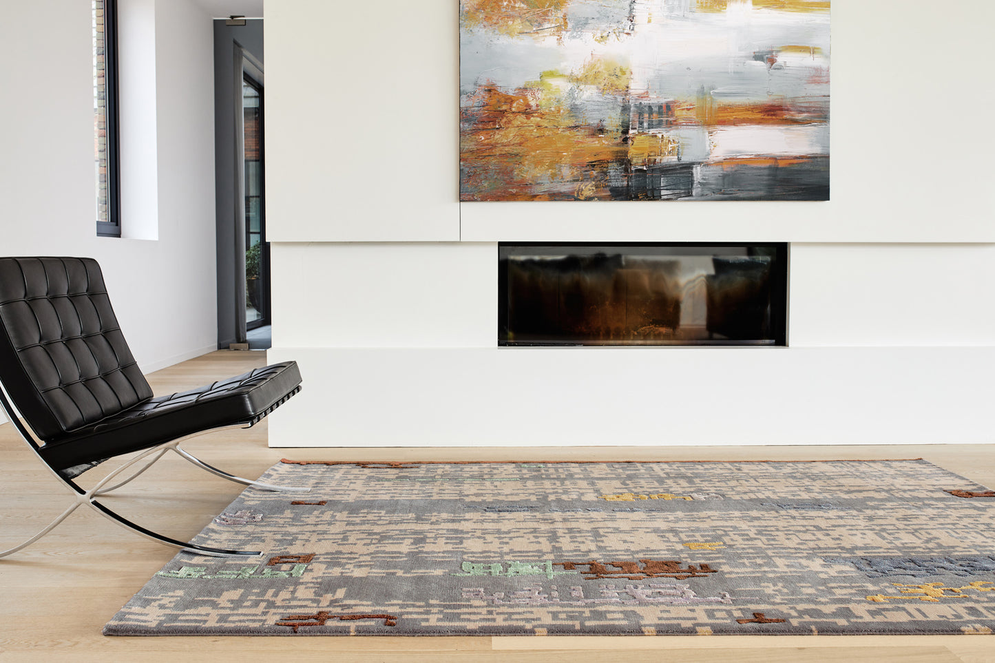 ambiance tapis noué main bleu gris écru multicolore 