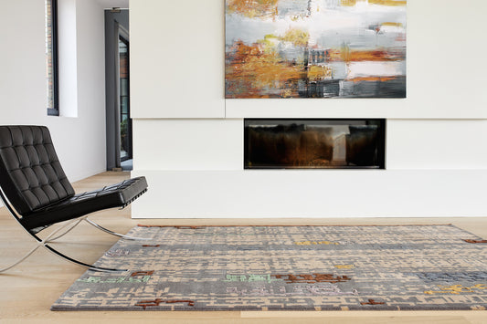ambiance tapis noué main bleu gris écru multicolore 