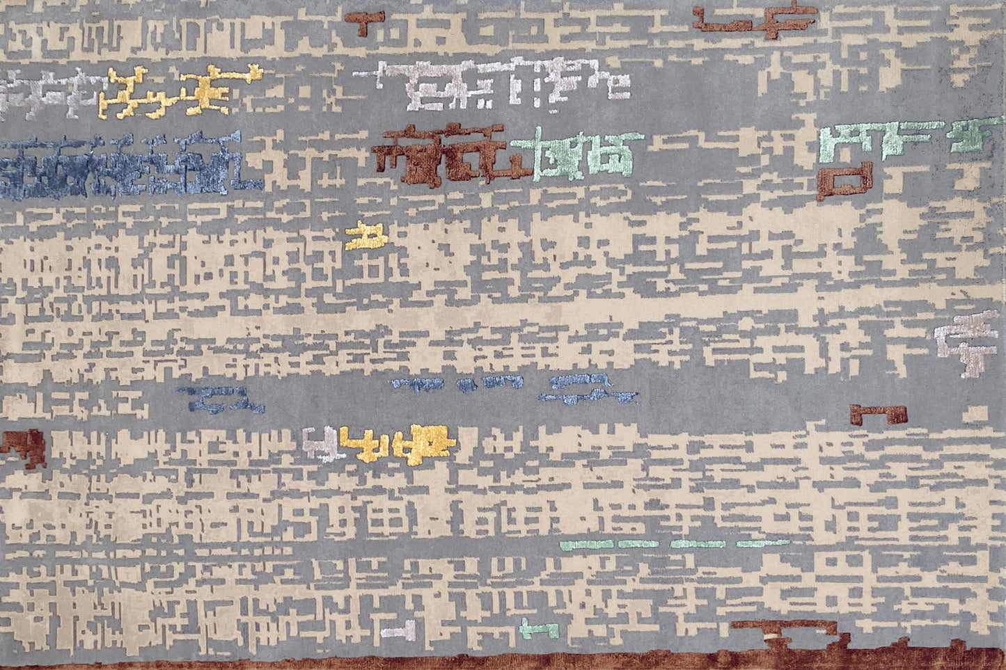 aplat tapis noué main bleu gris écru multicolore 