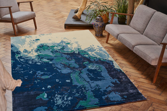 ambiance tapis noué main bleu écru vert 
