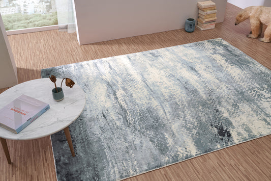 ambiance tapis tissé et imprimé main bleu gris blanc