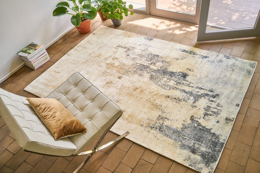 ambiance tapis tissé et imprimé main bleu écru jaune orange